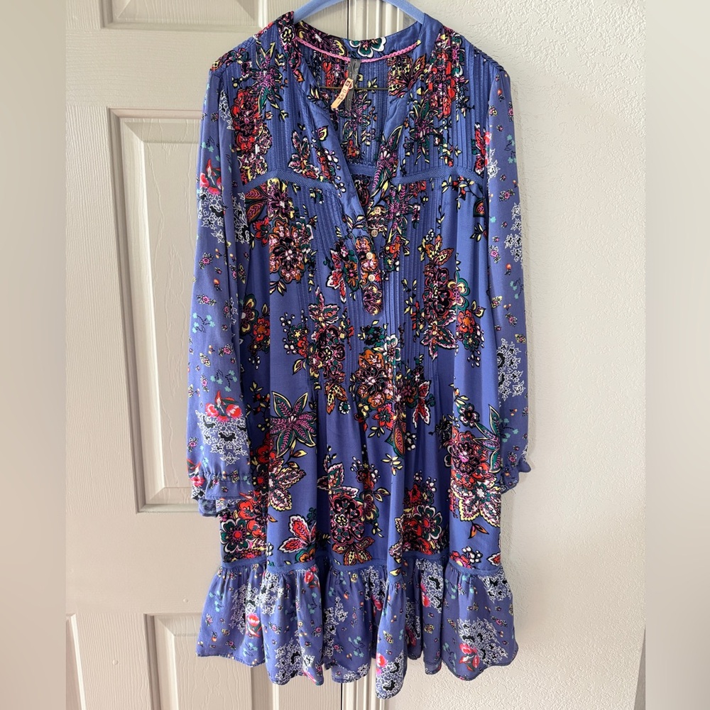 Anthropologie Diana Mixed Floral Prints V Neck Ruffle Peasant Dress Blue